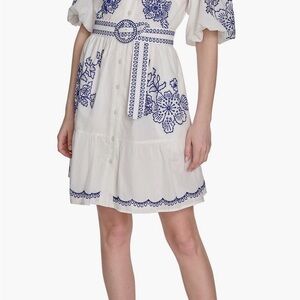 Eliza J White Dress with Blue Floral Embroidery